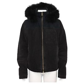 Louis Vuitton Denim-Jacke mit Kapuze und Pelz Schwarz
