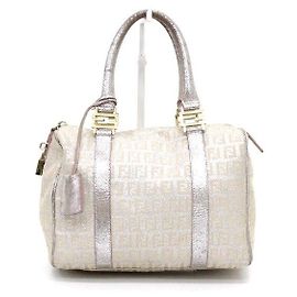 Fendi Canvas Boston Tote Bag with FF Logo Beige Brown