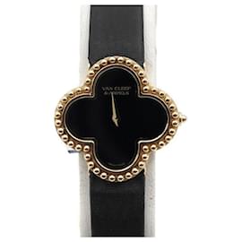 Van Cleef & Arpels Alhambra Small Damenquarzarmbanduhr aus Satin-Leder und Gelbgold Schwarz