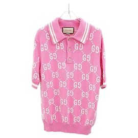 Gucci Kurzarm-PK-Strickpolo mit GG-Logo All-Over und Kragen Pink