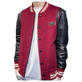 Philipp Plein Silver Logo Tiger Patch Leather Teddy Blouson Jacket Red Red