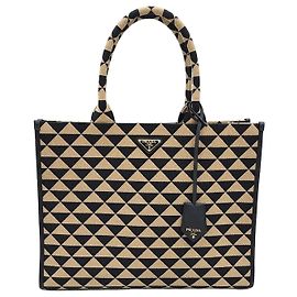 Prada Saco Tote Grande em Tecido Jacquard New Symbol com Logótipo Triangular Laranja