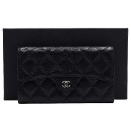 Chanel Classic Flap Damen-Langbeutel in schwarzem Caviar mit silberner Hardware Schwarz