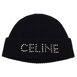 Céline Black Wool Studded Logo Embroidered Beanie Hat Black