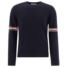 Thom Browne Cotton Milano Stitch Pullover mit RWB-Streifen Blau
