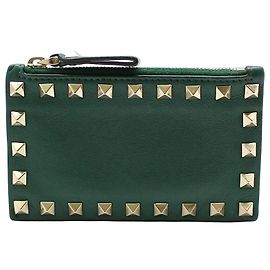 Valentino Green Leather Gold-tone Rockstud Zip Card Holder Green