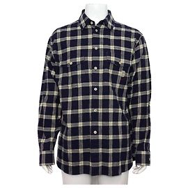 Gucci Blue Cotton Blend Embroidered Patch Men's Check Shirt Blue
