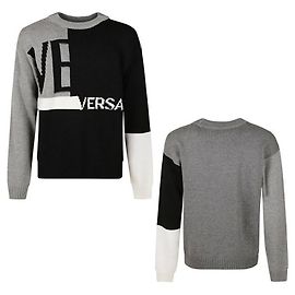 Versace Men's Multi-Color Patchwork Logo Crew Knit Brown