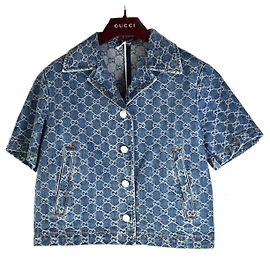 Gucci Jacquard Top Denim Short Sleeve Shirt Blue