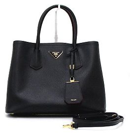 Prada Saco Tote e Saco de Ombro Double Medium em Saffiano com Logótipo Dourado Preto