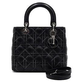 Dior Borsa Tote Lady Medium Cannage Nera con Impunture Multicolore e Tracolla Nero