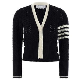 Thom Browne Cardigã de lã merino com ponto pointelle e tranças Azul