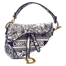 Borsa Saddle Christian Dior ricamata Toile de Jouy Blu