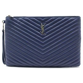 Saint Laurent Blue Matelassé Monogram Clutch Blue