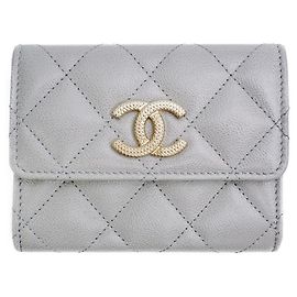 Chanel Golden Cardholder Snap Caviar Gold Gray Full Set Gift Brown