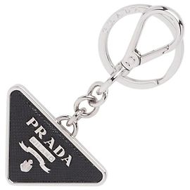 Prada Saffiano Triangle Logo Silver Keyring Black
