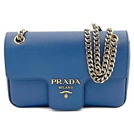 Prada Bolsa de Ombro com Corrente em Saffiano Azul