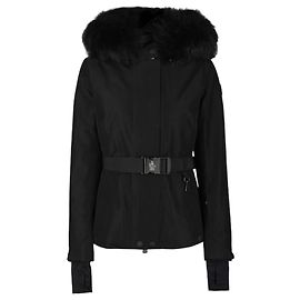 Moncler Casaco de Penas com Capuz de Pele para Mulher Preto Preto