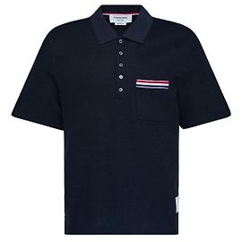 Thom Browne Texturiertes Baumwoll-Leinen- Polo mit RWB-Stickerei Blau