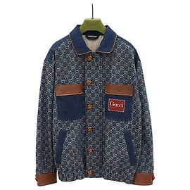 Gucci Washed Organic Denim Brown Leather Trimming Jacket Black