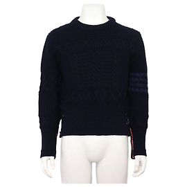 Thom Browne Navy Aran Cable Strickpullover für Herren Bars Blau