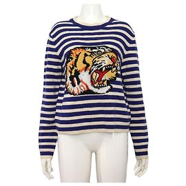 Gucci Malha de lã Tiger com riscas azul marinho para mulher Azul