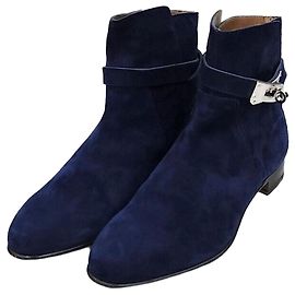 Hermès Suede Navy Kelly Boots Blue