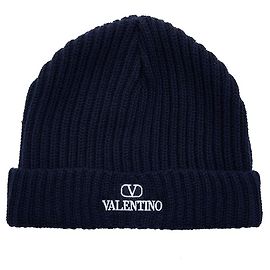 Valentino Men's Logo Embroidered Wool Short Beanie FDK Black