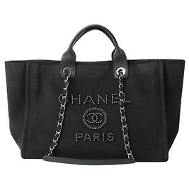 Chanel Deauville Sac Cabas Toile Noire Perles