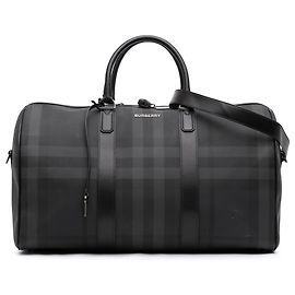 Burberry Gray Smoke Check Coated Canvas Holdall Barrel Duffle Bag Brown Dark grey
