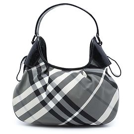 Burberry Gray Beat Check Nylon Brooklyn Hobo Castaño