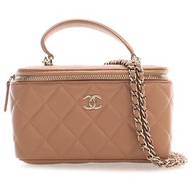 Chanel Beige Small CC Quilted Lambskin Top Handle Vanity Case with Chain Beige