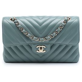 Chanel Blue Small Classic Chevron Lambskin Double Flap Blu Blu chiaro