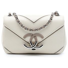 Chanel White Small Macro Chevron Caviar Flap Blanc Écru