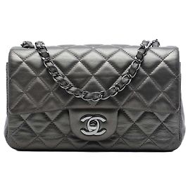 Chanel Mini Rectangular Classic Metallic Lambskin Single Flap Gris Marron Gris anthracite