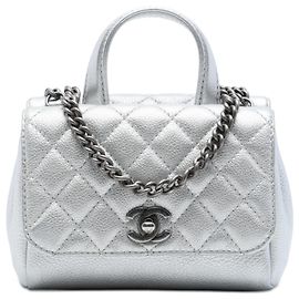 Chanel Silver Metallic Grained Calfskin Pilot Essentials Double Sided Flap Argento