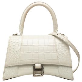 Balenciaga White Small Croc Embossed Leather Hourglass Top Handle Bag White