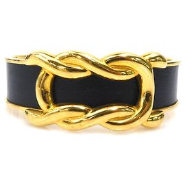 Hermès Hermes Black and Gold Leather Bangle Bracelet Black Golden
