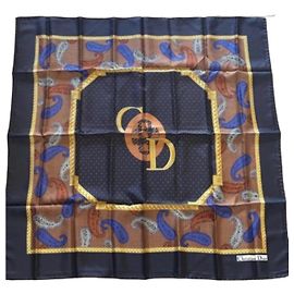 Pañuelo de seda Christian Dior Castaño Negro Blanco Azul Dorado
