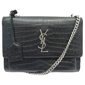 SAINT LAURENT SUNSET HANDBAG 442906 BLACK CROC-EFFECT LEATHER SHOULDER STRAP Black