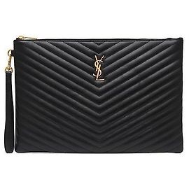 Saint Laurent Clutch Matelassé Monogram Gold Large Nera Nero