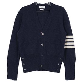 Thom Browne Herren-Cardigan aus Shetland-Wolle mit diagonalem Armband, Navy Blau