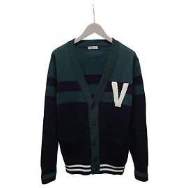 Valentino Cardigã de algodão azul marinho e verde com patch LOGO bordado Azul