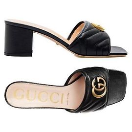 Gucci Mule à talon Matelassé avec logo GG doré Noir Noir