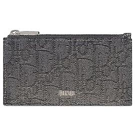 Dior Split Ring Zipper Card Holder Black Oblique Jacquard Black Grain Calfskin Black
