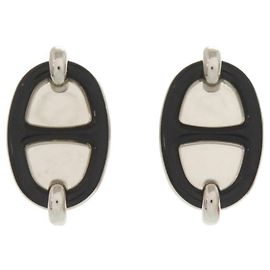 Hermès Hermes Mini Maillon Stud Earrings Black Silvery
