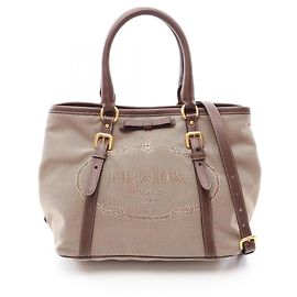 Saco Tote 2-Way em jacquard com logo Prada Marrom Bege