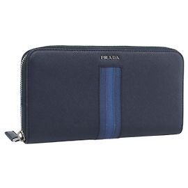 PRADA Long Wallet Safifano leather Navy Silver Auth 196073A Silvery Navy blue
