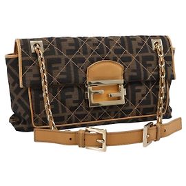 Bolsa de Ombro com Corrente FENDI Zucca Canvas Preto e Castanho Auth 195522V Marrom Preto