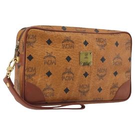 MCM Vicetos Logogram Clutch Bag PVC Leather Brown Gold Auth 194313A Braun Golden